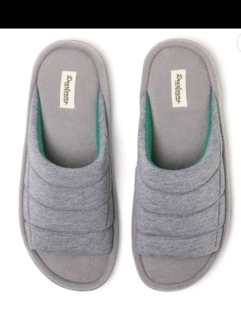 dearfoams Men’s Light Gray Quilted Slide Slippers with Green Trim
